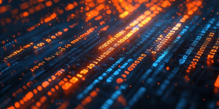 Abstract digital background with glowing lines and data code in orange and blue colors.