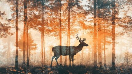 Fototapeta premium A silhouette of a deer in a misty forest during sunset, showcasing nature's beauty.
