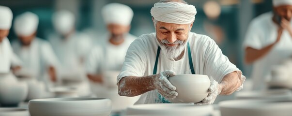 Elderly potter crafting pottery in workshop. Artisan portrait in action.