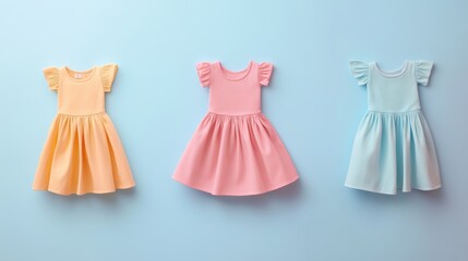 Three pastel-colored toddler dresses on a blue background. Flat lay composition with copy space
