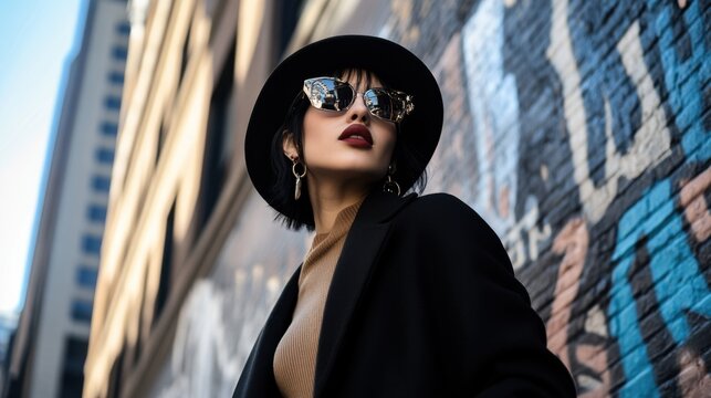 A fashion influencer showcasing trendy outfits in an urban street photo shoot, Fashion scene, Urban chic style