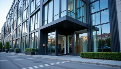 Contemporary bank building with large glass entrance and modern design elements
