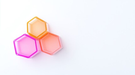 Three Vibrant Hexagonal Shapes on White Background, Abstract Design, Pink and Orange Tones, Minimalistic Aesthetic, Modern Art Concept, Creative Visuals, Copy Space Available

