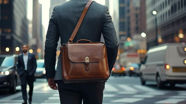 A businessman walks through a busy city street, carrying a brown leather briefcase