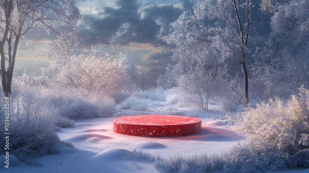 Aufkleber A striking red circular object contrasts against a serene snowy landscape. Surrounding trees are frosted, and the twilight sky adds a mystical ambiance, enhancing the wintry scene's tranquility.