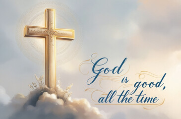 A golden cross set against a cloudy sky with a quote about God's constant goodness