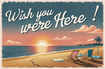 A vintage postcard design featuring a sunset on a beach with deck chairs and the phrase "Wish You Were Here."