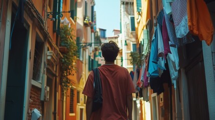 Naklejka premium A traveler exploring the narrow alleys of Venice, with colorful buildings and hanging laundry