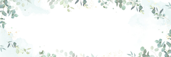 Herbal eucalyptus and gold vector banner frame. Hand painted branches, leaves on white background. Greenery wedding simple minimalist invitation. Watercolor card.All elements are isolated and editable