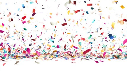 Multicolored confetti explosion on white background.