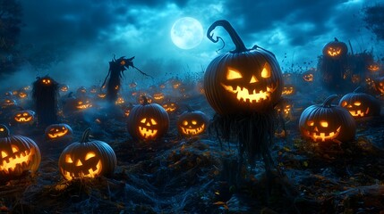 Naklejka premium Halloween pumpkins in the forest at night. 3D rendering. 