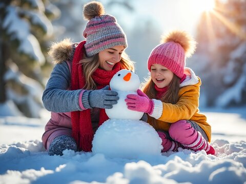 Mother and daughter making a snowman in winter forest. Happy family.
