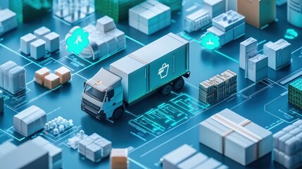 A digital representation of logistics featuring a delivery truck among packages and icons.