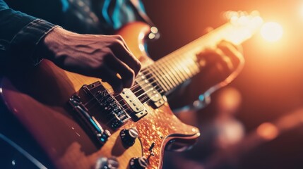 Obraz premium A close-up of a guitarist playing an electric guitar on stage with vibrant lighting.