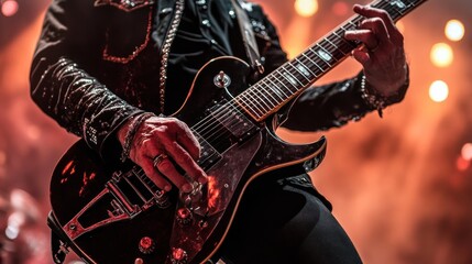 A guitarist performing passionately on stage with a striking electric guitar.