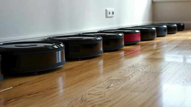 A row of black robot vacuums line a hardwood floor, ready to clean