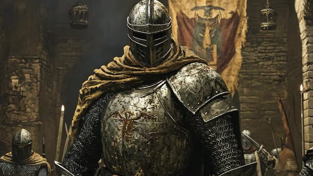 A knight in full armor stands guard in front of a stone castle