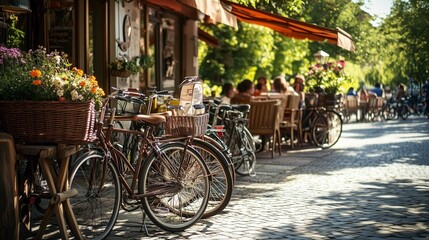 Bicycles parked at a cozy outdoor caf&eacute;, with friends enjoying coffee nearby
