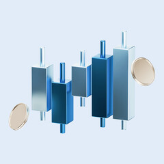 The 3D icon combines Japanese candle, rocket, and trading symbols, representing success, innovation, and financial growth. It features a realistic metal texture design. 3D Illustration
