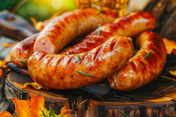 Fototapeta premium Oktoberfest bavarian sausages on the background of the festival