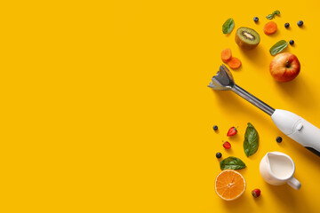 Modern blender with jug of milk, fruits and berries on yellow background