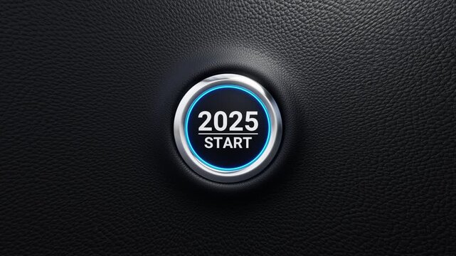 2025 start push button. Planning, start, vision, career path, business strategy, opportunity and change concept. 2025 start modern car button with blue shine. 4K 3D loop animation
