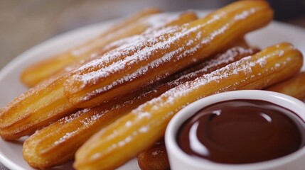 Delicious churros dusted with sugar and a warm, rich chocolate dipping sauce. Spanish dessert