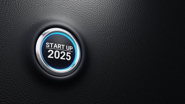 Start up 2025 push button. Planning, start, vision, career path, business strategy, opportunity and change concept. 2025 start modern car button with blue shine. 4K 3D loop animation