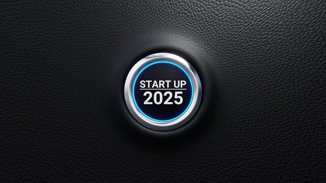 Start up 2025 push button. Planning, start, vision, career path, business strategy, opportunity and change concept. 2025 start modern car button with blue shine. 4K 3D loop animation