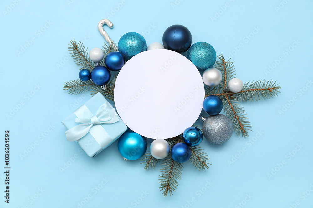 Wall mural Blank card and Christmas decor on blue background