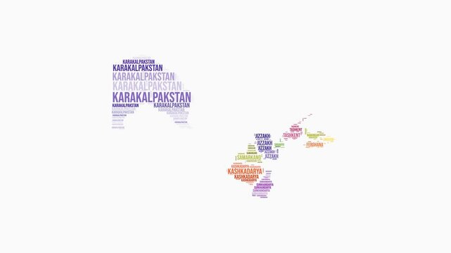 Uzbekistan regions word cloud animation. Country logo animated video. Uzbekistan colored text cloud. Regions typography style motion graphics. Amazing video.