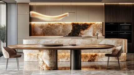 Modern kitchen with elegant marble features and stylish lighting.