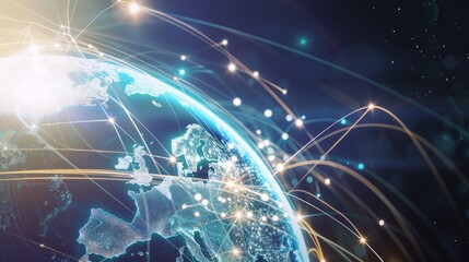 Glowing earth from space with connecting lines. Concept of global connectivity and networks. For technology and communication presentations