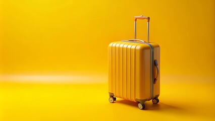 Yellow suitcase standing on yellow background minimal concept