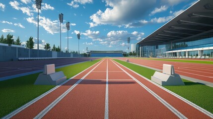 A vibrant athletic track with starting blocks under a blue sky, ready for competition.