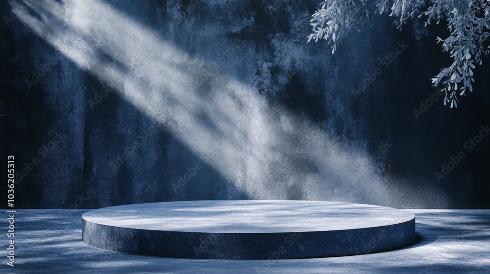 Poster a circular platform sits quietly in a calming blue setting, gently lit by soft beams of light that f