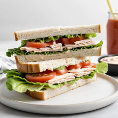 Simple turkey sandwich with lettuce, tomato, and mayo on white bread and white background