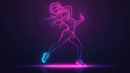 A neon outline of a dancing figure with a playful gesture, emphasizing movement and energy.