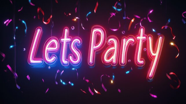 A vibrant neon sign reading "Lets Party" with colorful confetti, evoking a festive atmosphere.