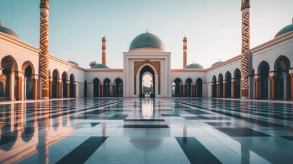 Naklejka premium A grand historical mosque with elaborate geometric patterns and towering arches, showcasing cultural richness and architectural brilliance