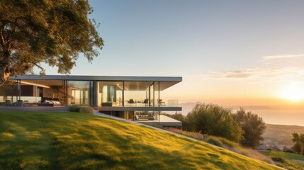 A sleek, glass-walled house stands on a lush slope, offering a breathtaking view of the sunset over a distant horizon.