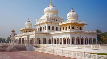 Obraz premium A grand Sikh gurdwara with glistening white marble domes and intricate carvings, exuding a sense of peace and spiritual grandeur