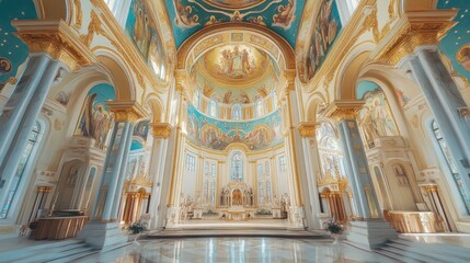 Obraz premium A majestic Eastern Orthodox church with golden domes and detailed frescoes, representing the spiritual depth and beauty of religious tradition