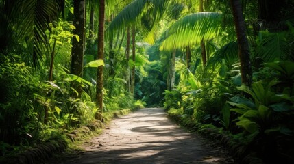 Naklejka premium A tranquil dirt path meanders through a verdant forest, framed by lush foliage and captained by towering trees, evoking peace and solitude.