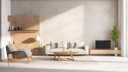 A sleek modern living room with minimalist decor showcases a neutral color palette and soft sunlight, evoking elegance and comfort.