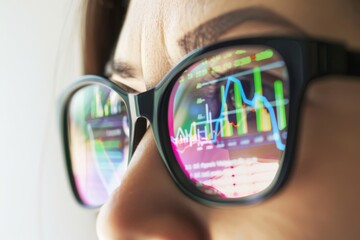 A person wearing glasses with reflected colorful data graphs. Concept of analysis and processing information. For technology or finance-related content