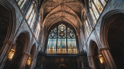 A stunning ancient cathedral with soaring stained glass windows and grand stone arches, radiating elegance and reverence