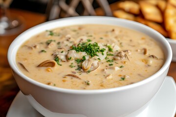 A Bowl of Clam Chowder With Oyster Crackers, Served in a Rustic Restaurant, Food Photography, Food Menu Style Photo Image