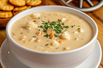A Bowl of Clam Chowder With Oyster Crackers, Served in a Rustic Restaurant, Food Photography, Food Menu Style Photo Image