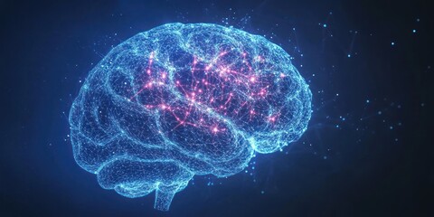 Abstract digital brain with glowing connections, representing neural activity, intelligence, and cognitive function.